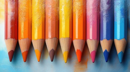 Poster - Colorful arrangement of vibrant drawing pencils on a textured white background showcasing art supplies for creativity and illustration.