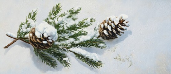 Poster - Snow-covered pine branch and pine cones on a snowy background perfect for winter-themed designs and holiday materials.