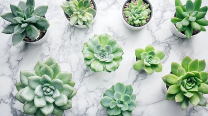 Poster - Succulent plants arranged in pots on a marble table creating an elegant home decor flat lay with space for text and design elements.