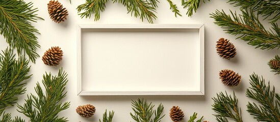 Poster - Gift box with pine cones and greenery on a white background empty frame for text overhead view seasonal decoration concept