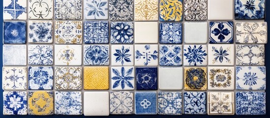 Poster - Colorful decorative ceramic tiles arranged in an intricate pattern on a vibrant blue exterior wall creating a unique artistic backdrop.