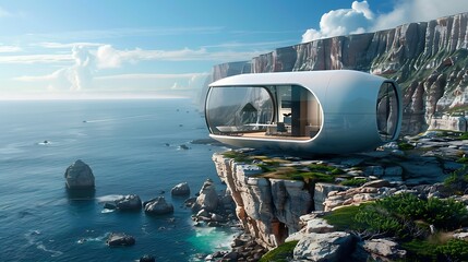 Wall Mural - a hightech mobile office set on a cliff overlooking a vast ocean