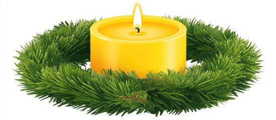 Poster - Yellow candle surrounded by lush green Christmas wreath creating a festive and warm holiday atmosphere suitable for seasonal decorations.