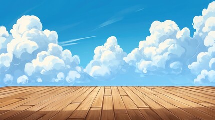 Poster - Wooden plank background with vibrant blue sky and fluffy white clouds ideal for presentations and creative projects.