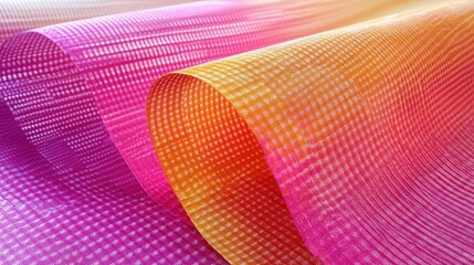 Poster - Colorful textured fabric with a gradient pattern showcasing pink and yellow hues suitable for creative design backgrounds.