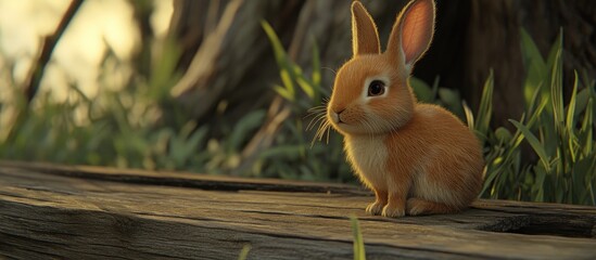 Poster - Cute fluffy rabbit sitting on a wooden beam surrounded by greenery in soft natural light outdoors