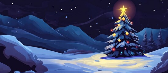 Aufkleber - Winter night scene featuring a beautifully decorated Christmas tree illuminated by a star with snow-covered mountains in the background