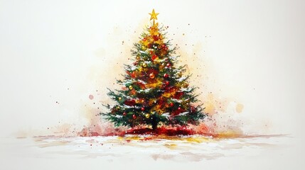 Poster - Christmas tree with vibrant decorations, illuminated star atop, surrounded by soft snowflakes on a light background, holiday spirit, festive atmosphere, winter season, traditional decor.