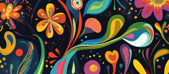Poster - Vibrant abstract floral pattern illustration with colorful swirls and shapes on a dark background for artistic design projects.
