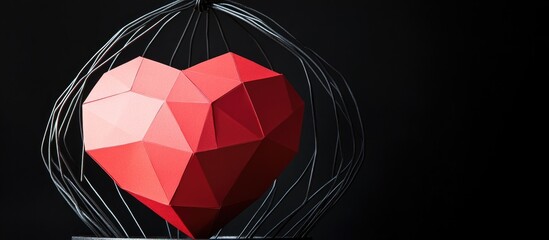 Poster - Red polygonal paper heart in a black iron basket set against a dark background symbolizing love and creativity in modern art design
