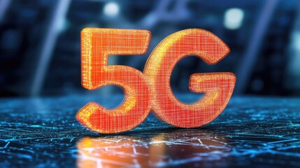 Poster - 5G technology abstract visualization with glowing orange number representing next generation cellular network connectivity and global communication