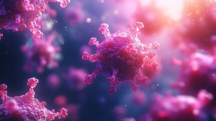 Poster - Abstract biological virus illustration showcasing vivid microorganisms with intricate details in a colorful, blurred background.