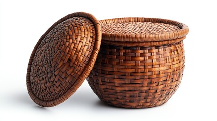 Poster - Woven wicker basket with a lid, elegantly displayed on a white background, emphasizing texture and craftsmanship, home decor, storage solutions, natural materials.