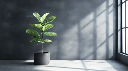 Poster - Indoor plant in modern pot casting shadows in minimalistic room with soft natural light illuminating the space.
