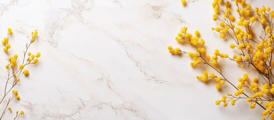 Poster - Mimosa flowers arranged on a marble surface creating a fresh spring ambiance with ample space for text and design elements.
