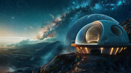 Wall Mural - a hightech observatory on the edge of a volcanic crater under a starry sky