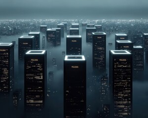 Futuristic cityscape with skyscrapers shaped like Federal Reserve logos, representing the central banking system