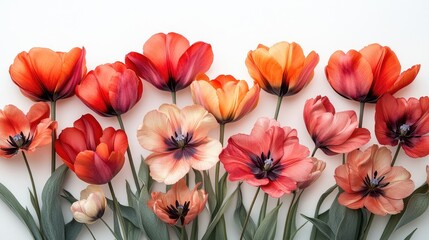 Poster - Vibrant arrangement of isolated colorful tulips showcasing beauty on a clean white background for floral design or decoration concepts