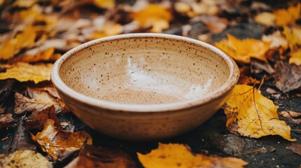 Poster - Ceramic empty bowl placed on a bed of autumn leaves in a serene forest setting, featuring earthy tones and natural textures, nature, still life, outdoor, rustic.