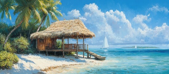 Poster - Tropical beach scene with a thatched hut surrounded by palm trees and a serene ocean view under a bright blue sky.