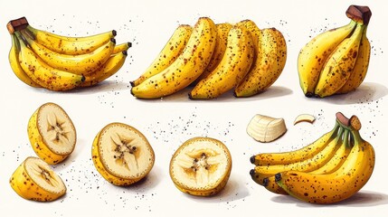 Aufkleber - A variety of ripe bananas whole peeled and chopped presented on a clean white background for culinary or nutritional use