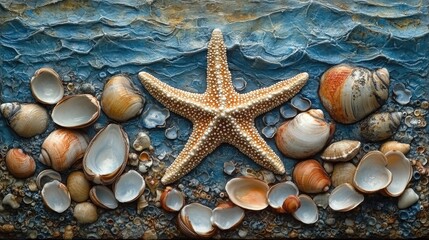 Poster - Starfish displayed beautifully among an assortment of colorful cockleshells on a textured ocean backdrop