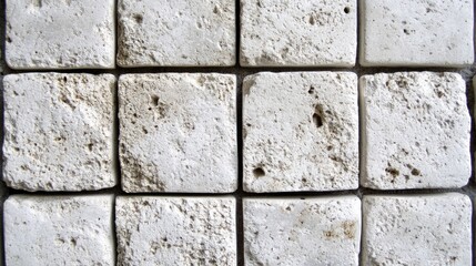 Poster - Textured white cement wall surface featuring square tiles with uneven, rustic patterns ideal for architectural and design backgrounds.
