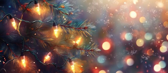 Poster - Illuminated pine branches with Christmas lights against a soft bokeh background of colorful lights and a wintery ambiance