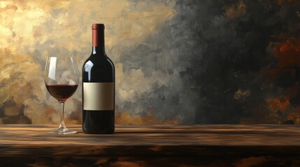 Poster - Elegant red wine bottle and glass on a rustic wooden table with a textured artistic background showcasing rich colors and warm tones.