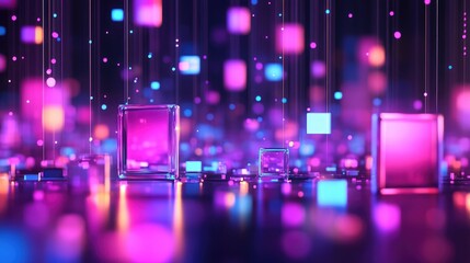 Leinwandbilder - Abstract technology background with glowing neon cubes and blocks in vibrant colors creating a digital business concept illustration