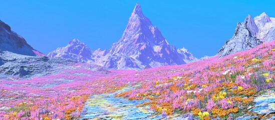 Aufkleber - Vibrant landscape featuring colorful flowers and majestic mountains under a bright blue sky in a serene natural setting