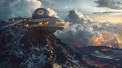 Wall Mural - a hightech observatory on the edge of a volcanic crater under a starry sky