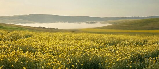 Poster - Vibrant Marigold Flower Field in Foggy Valley Surrounded by Lush Green Mountains and Soft Morning Light
