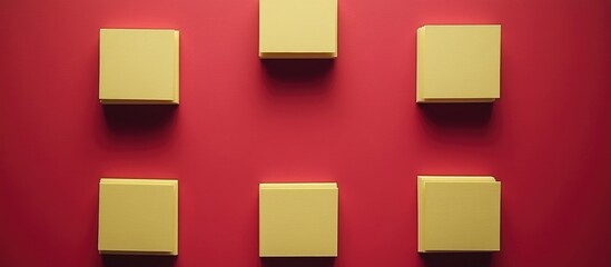 Leinwandbilder - Yellow square boxes arranged on a vibrant red background creating a visually striking decorative display for modern design concepts.