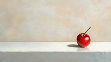 Poster - Single ripe cherry on a minimalist white shelf against a softly textured neutral background emphasizing colors and simplicity