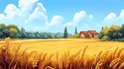 Aufkleber - Cultivated field under blue sky with ruined farmhouse and lush trees in background showcasing natural beauty and rural landscape tranquility