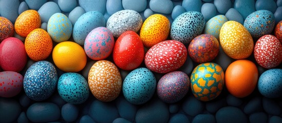 Aufkleber - Colorful Easter eggs arranged on a vibrant stone background creating a festive and joyful holiday atmosphere perfect for seasonal decorations.