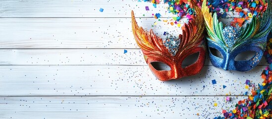 Aufkleber - Colorful carnival masks with confetti and a blank frame on white wood background for festive celebration and event planning concepts
