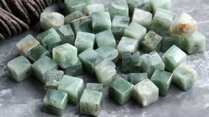 Poster - Natural prehnite cubic beads in various shades of green showcasing their unique texture and colors on a marble background.