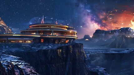Wall Mural - a hightech observatory on the edge of a volcanic crater under a starry sky