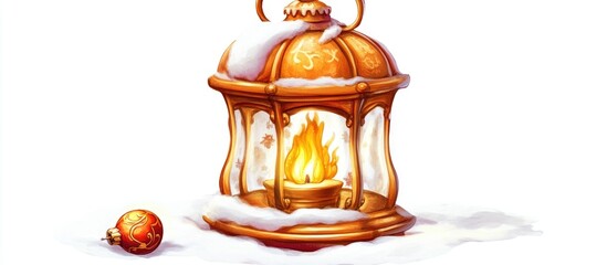 Poster - Charming Christmas lantern emitting warm light surrounded by snow and festive ornaments on a bright white background