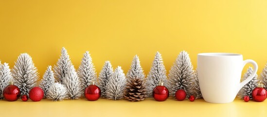 Aufkleber - Christmas coffee set with decorations, pine trees, and ornaments on a vibrant yellow background, festive seasonal concept for the holidays