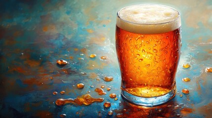 Poster - Close up view of a chilled glass of beer with droplets on the surface and spills of beer on a colorful background