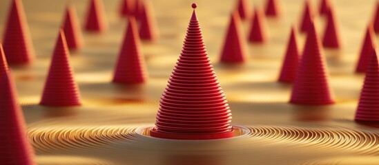 Poster - Festive red conical Christmas tree decorations amidst golden ripples creating a warm holiday atmosphere