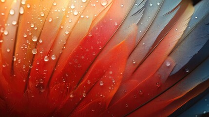 Poster - Colorful close-up of vibrant feathers with intricate natural patterns, adorned with water droplets, showcasing rich textures and gradients, nature, macro photography, colorful details.