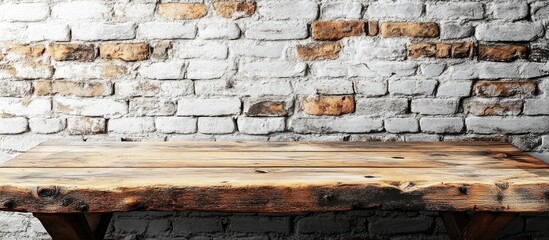 Poster - Wooden table surface against a textured white brick wall ideal for New Year decorations and advertising with space for text or banners