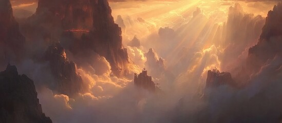 Poster - Aerial view of a stunning cloudscape at sunset with rays of light creating a serene and dramatic atmosphere of shadows and illumination
