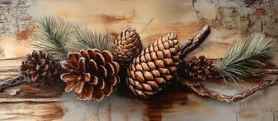 Aufkleber - Rustic Christmas Composition Featuring Pine Cones and Pine Branches on Weathered Wood Surface