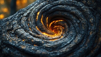 Poster - Intricate decorative tree trunk texture featuring swirling patterns and illuminated sections, showcasing natural detail and depth, organic design, nature, wood texture, abstract.