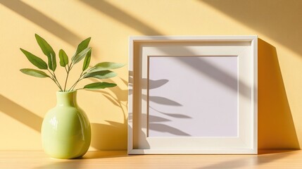 Poster - Empty picture frame with passe-partout and green vase on a wooden table against a yellow wall perfect for home decor showcase and presentations